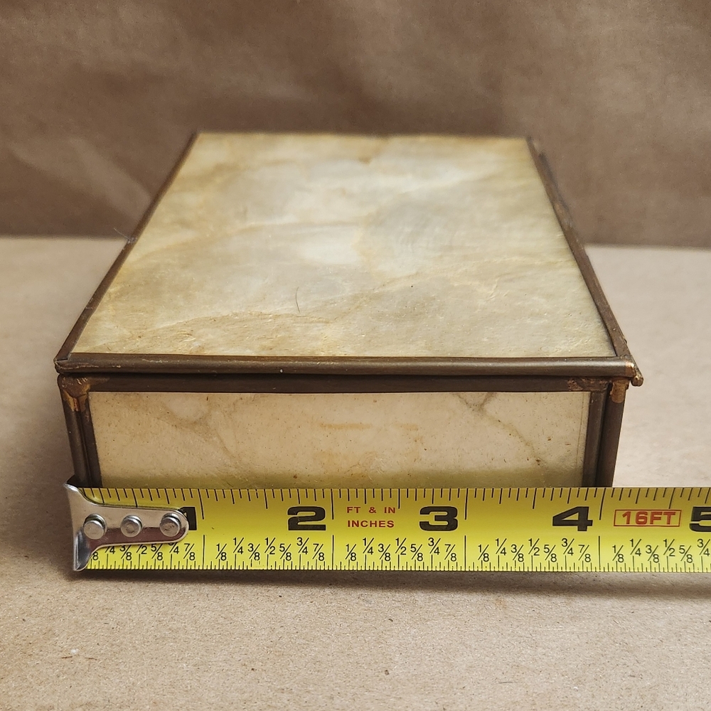 Vintage brass and Capiz shell hinged trinket jewelry box with Jewelry